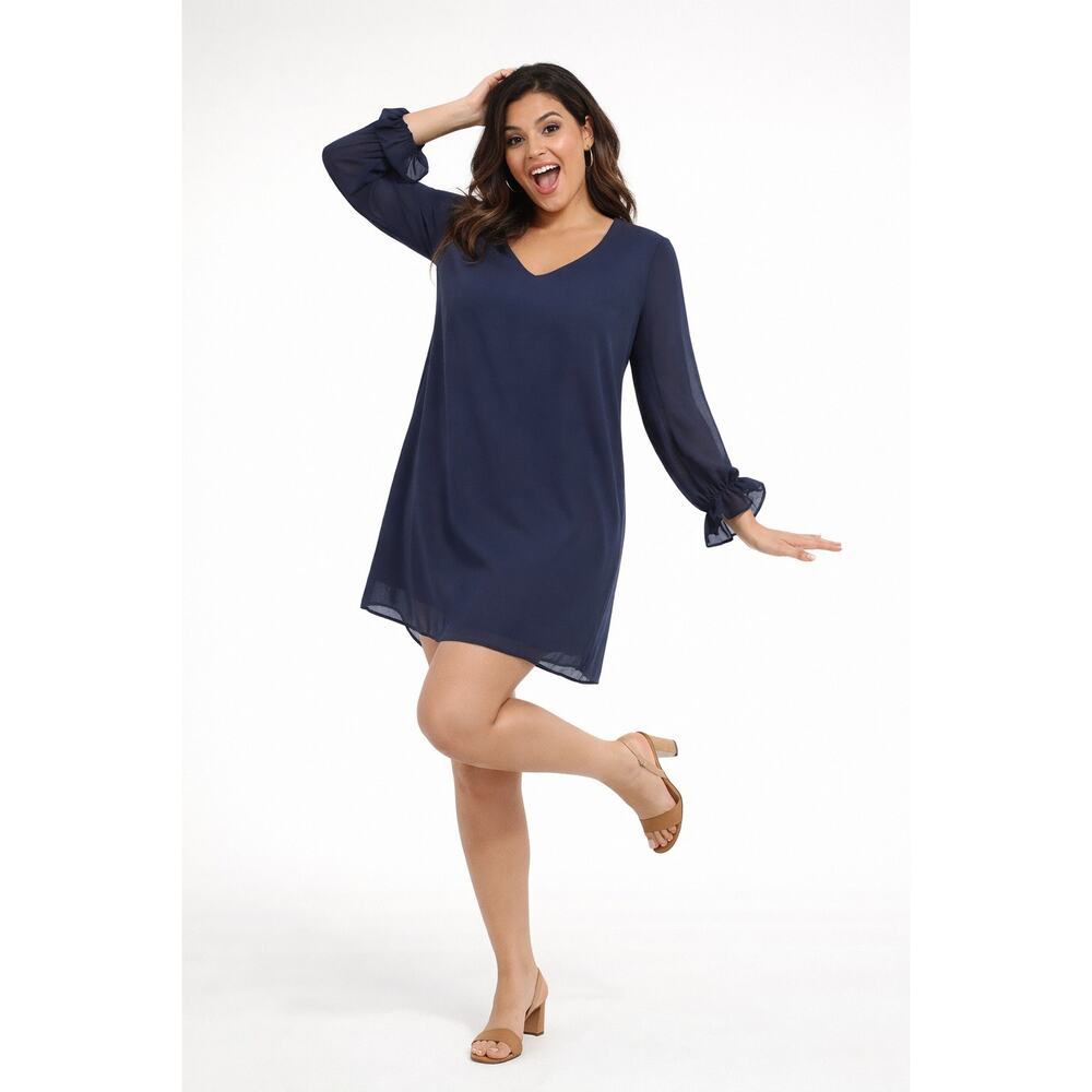 NWT Three Eighty Two Navy V-Neck Long‎ Balloon Sleeve Mini Shift Dress Women's M